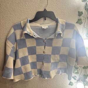 Blue & White Checkered Cropped Knitted Button-up